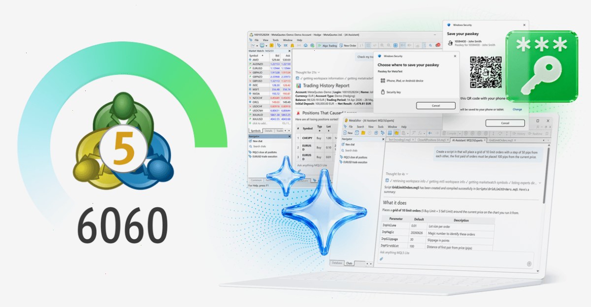 MetaTrader5下载_MT5下载_多品种账户通道：MetaTrader 5 Build 6060：AI 集成、Passkey 和 MetaEditor 中的代码管理改进（封面配图）